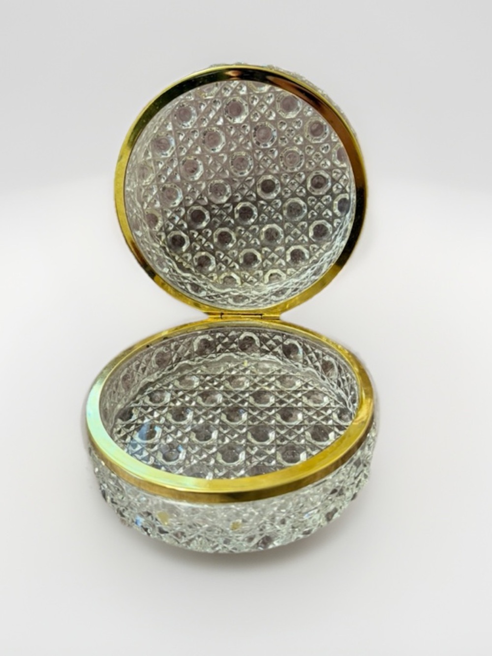Antique French Round Crystal Brass Hinged Casket Jewelry Holder Box